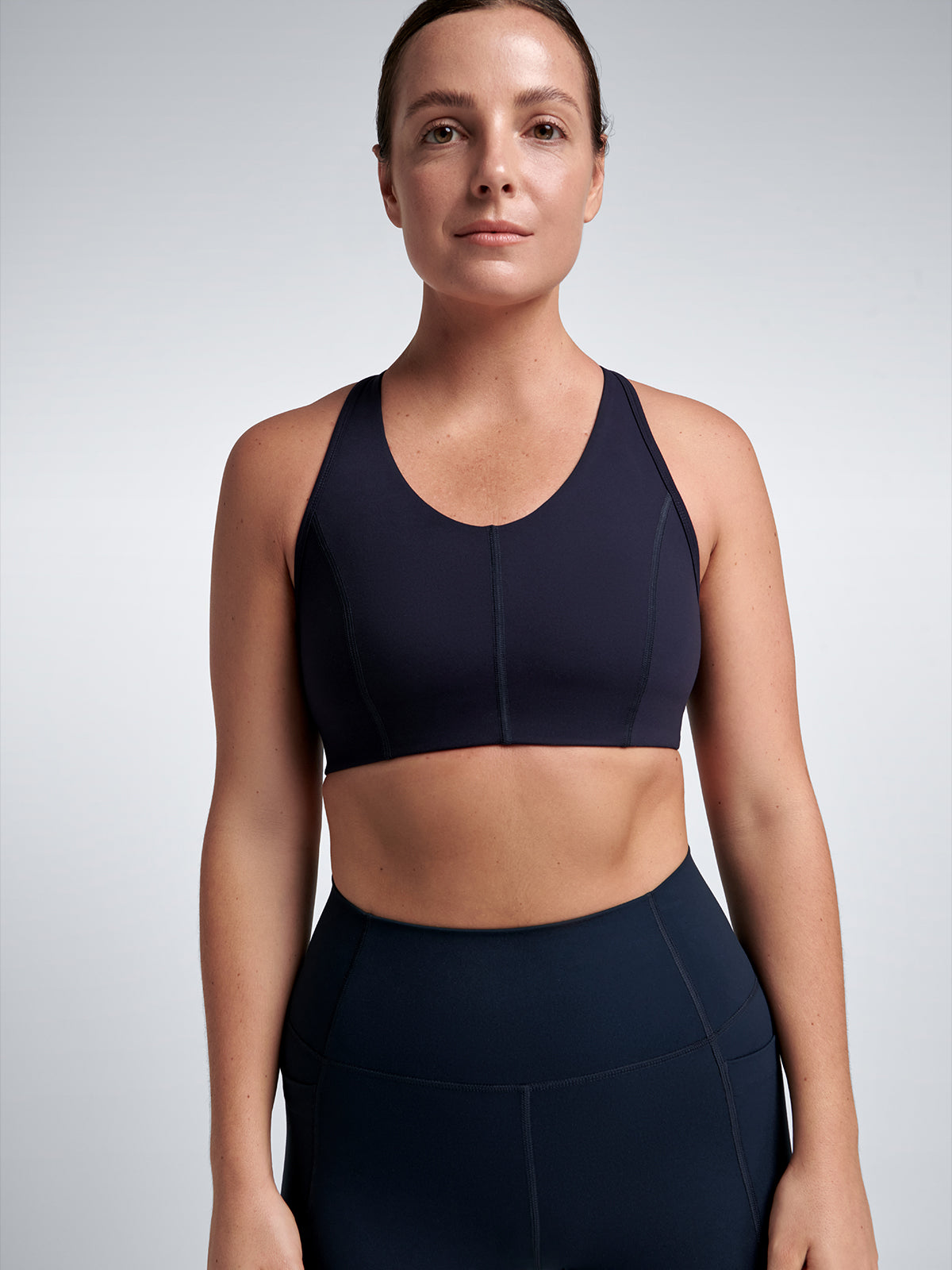 Womens femme fatale recycled navy blue sports bra 1