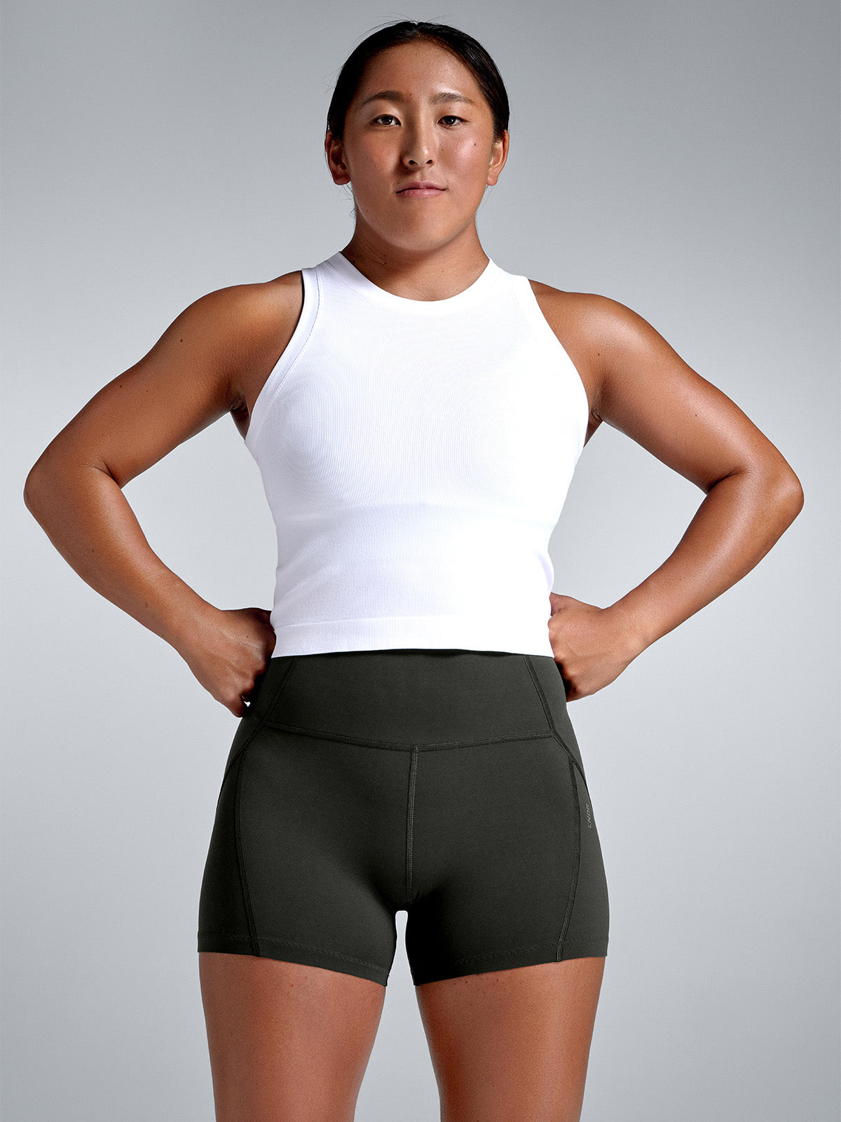 Womens limitless high waisted 5 inch olive green bike shorts 2