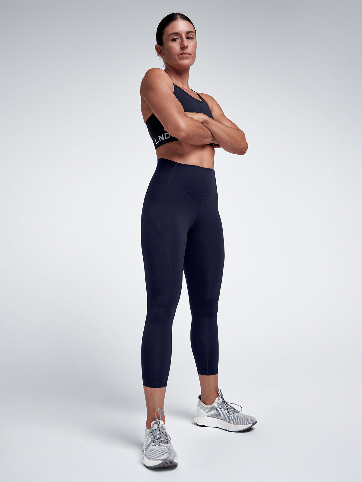 Womens limitless pocket high waisted cropped length navy blue leggings 1