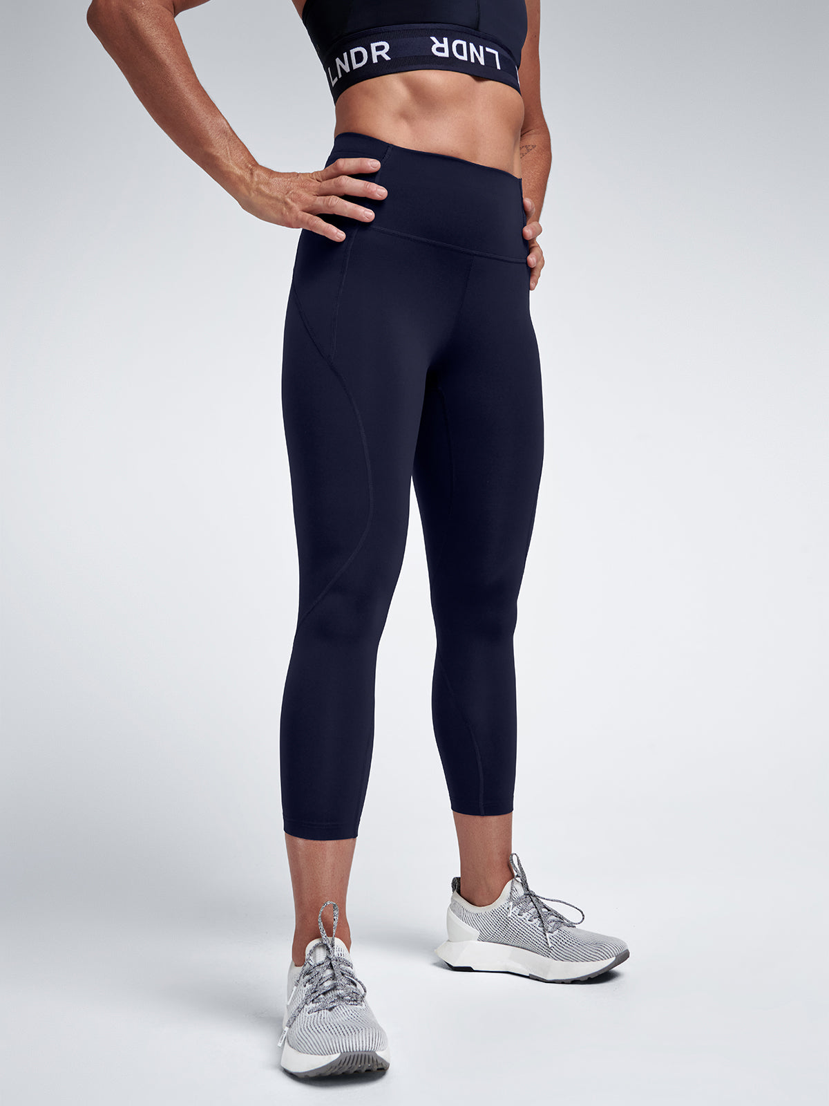 Womens limitless pocket high waisted cropped length navy blue leggings 5