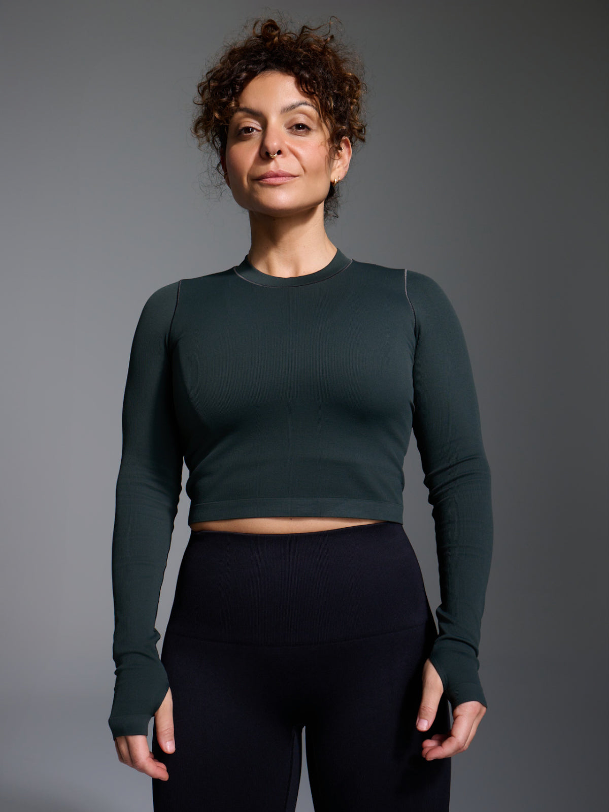 Womens power crop long sleeve olive green tank top 4
