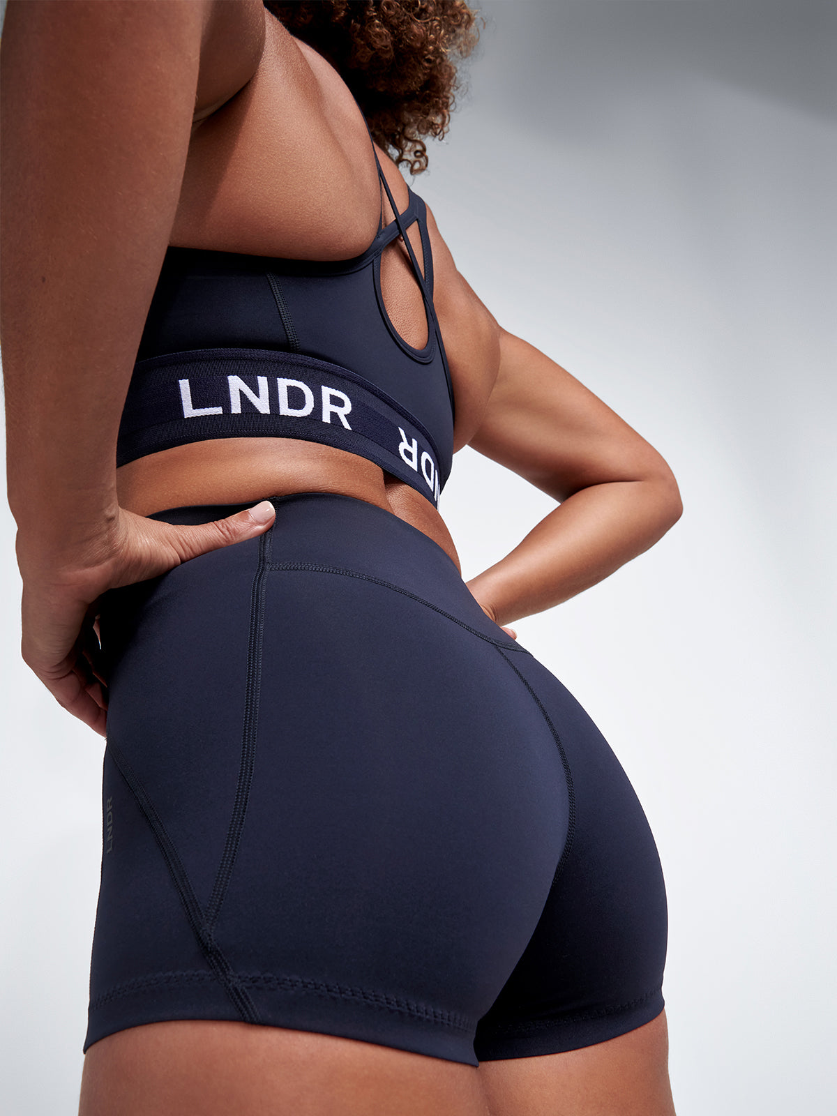 Womens limitless high waisted 3 inch navy blue bike shorts 1