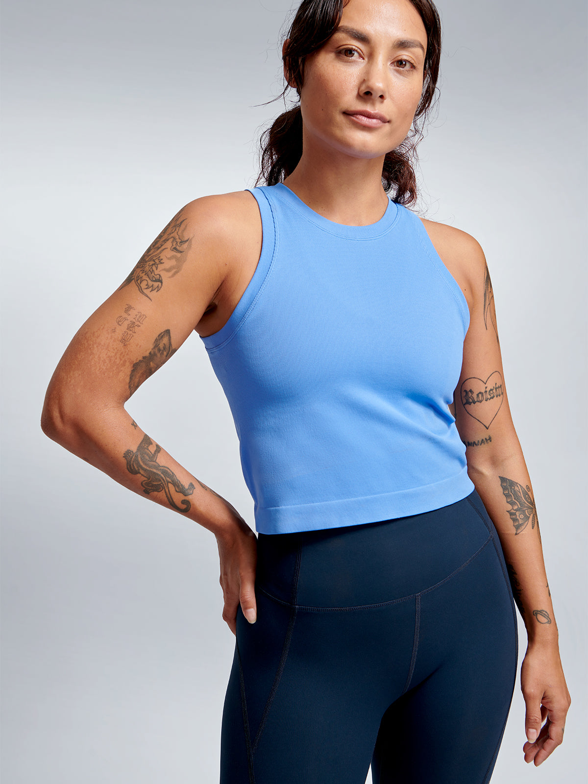 Womens power crop vibrant blue tank top 1